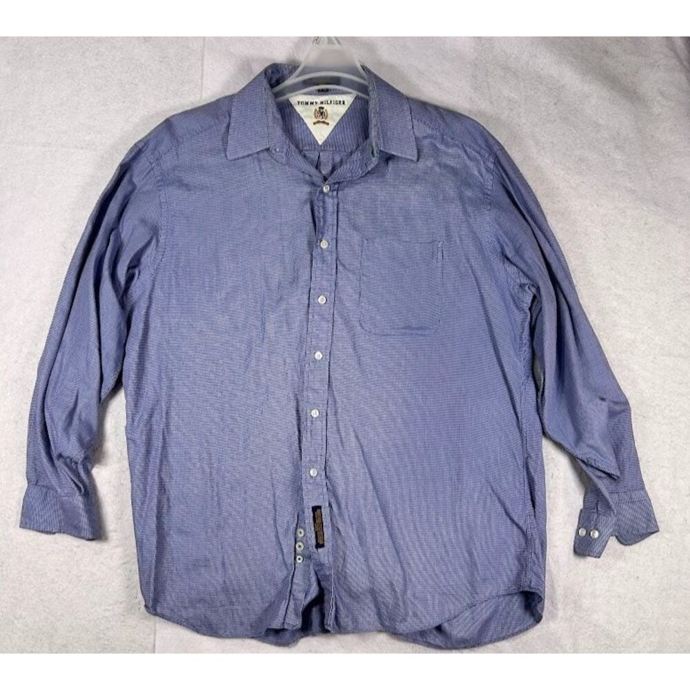 Tommy Hilfiger Mens Dress Shirt Long Sleeve Blue Micro Check Size 17 34 35 100%